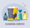 Cleaning supplies. Spray, spong, brush, bucket. Cleaning service web banner.